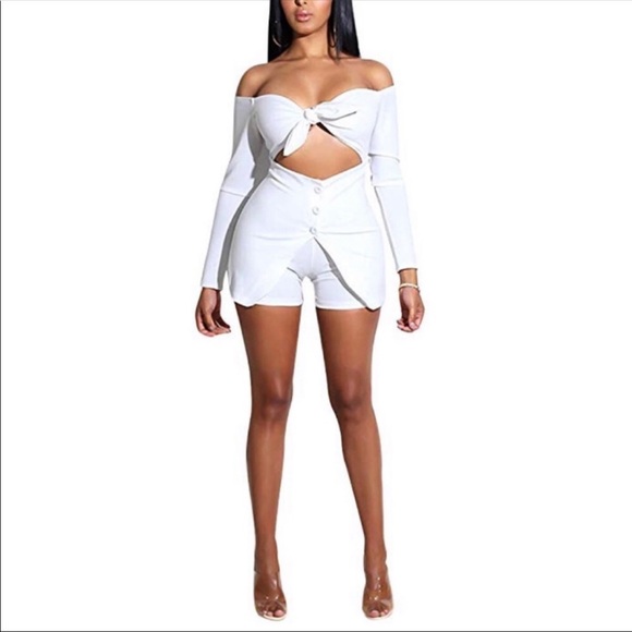 White Off Shoulder Tie A Knot Short Romper - Picture 2 of 4